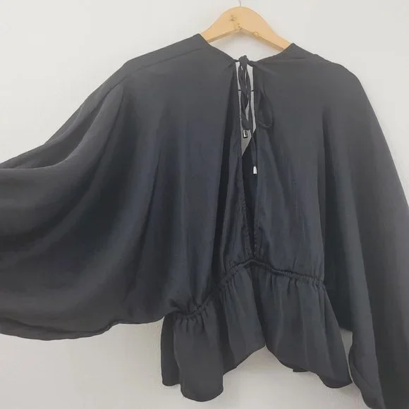 Free People Elouise Black Satin Long Sleeve Blouse Oversized Boho V-Neck Top XS - Picture 9 of 13